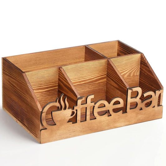 Coffee Station Organizer for Counter Wood Countertop Accessories Organizer Coffee Pods Holder Storage Basket for Pods Condiment Syrup Tea Cups Stirrers for Rustic Bar Decoration(Natural)