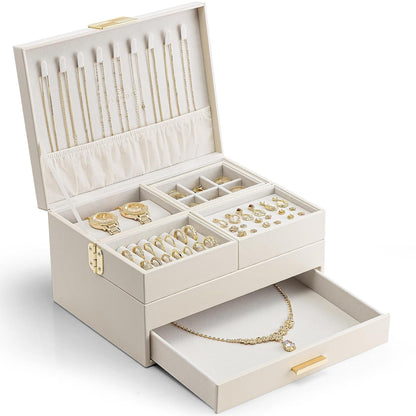 VLANDO 3 Layer Jewelry Box - Women Jewelry Box with Retractable Tray - Jewelry Organizers with Drawer for Necklaces, Rings, Bracelets, Earrings, Valentines Gift for Mom Girls - Cloud White