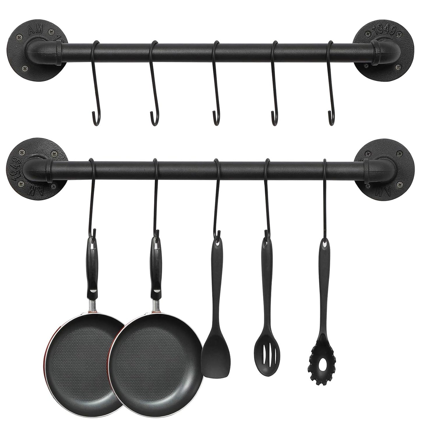 OROPY 21'' Pot Rack Wall Mounted, Iron Pipe Hanging Rack, 10 S Hooks, 2Pack | Industrial Utensils Kitchen Hanging Rail, Pot and Pan Organizer, Pot Lid Organizer, Black