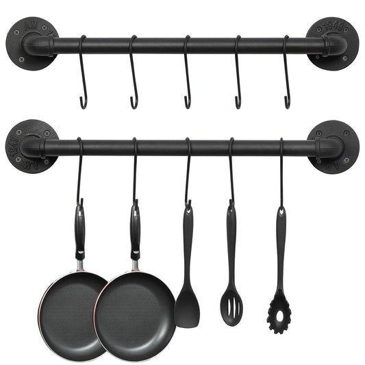OROPY 21'' Pot Rack Wall Mounted, Iron Pipe Hanging Rack, 10 S Hooks, 2Pack | Industrial Utensils Kitchen Hanging Rail, Pot and Pan Organizer, Pot Lid Organizer, Black