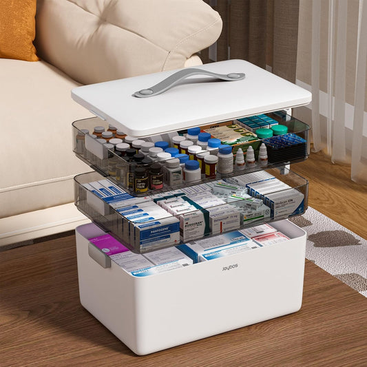 JOYBOS 3-Tier Medicine Storage Box Cabinet, Empty First Aid Kit Portable Medical Supply Organizer with Leather Handle for Home 3-Tier Medicine Storage Box
