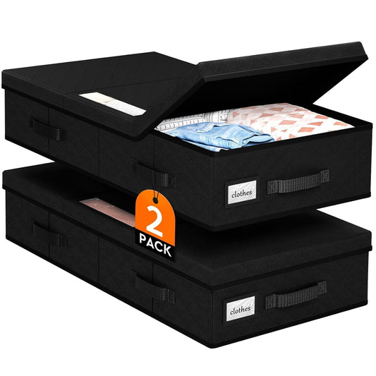 StoreHappily Under Bed Storage Containers with Lids, 2 Pack Foldable Black | Storage organizer, Stackable Clothes Storage Bags, For Blankets Pillows Clothing, Clear Window, 3-Sided Handles, Label Slot