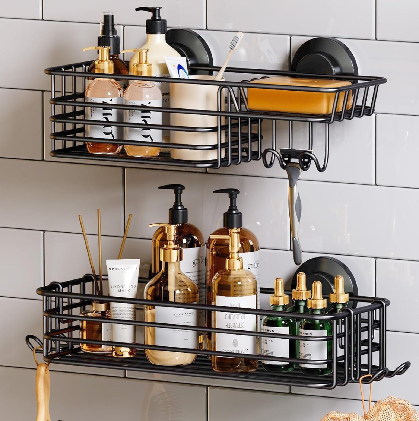 TAILI Shower Caddy Suction Cup 2 Pack with Hooks & Soap holder, Black | Heavy Duty Shower Organizer, No Drilling Bathroom Organizer, Metal Storage Basket