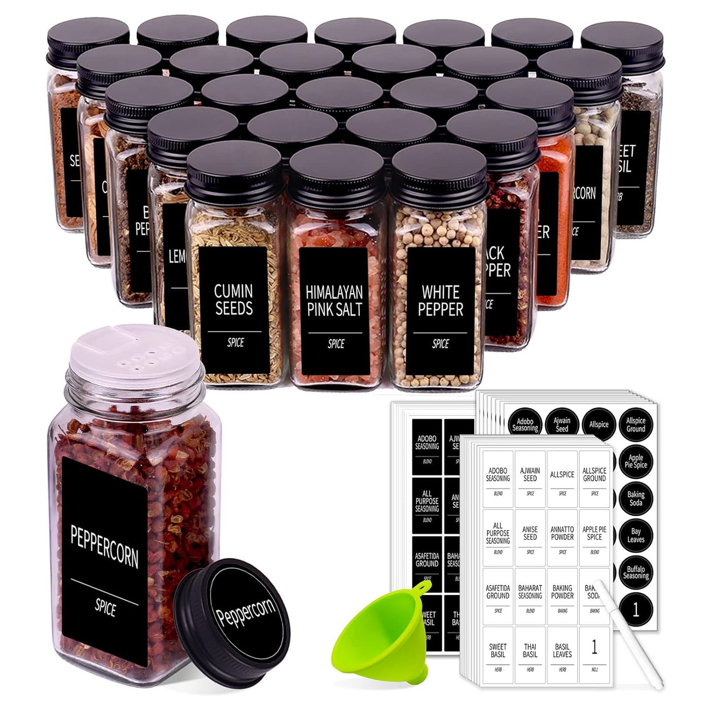 25 Spice Jars with 547 Labels- Glass Spice Jars with Black Metal Caps, 4oz Empty Spice Containers with Shaker Lids, Funnel, Chalk Pen, Square Seasoning Bottles for Spice Rack, Drawer, Cabinet