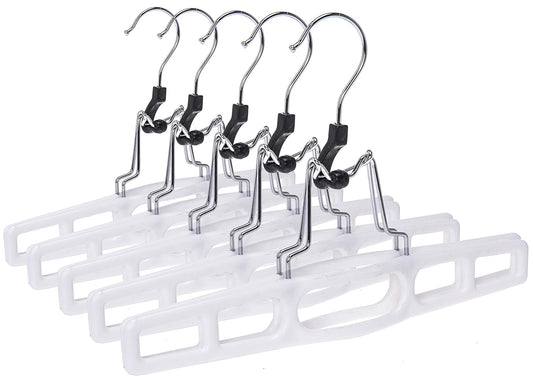 Quality Hangers 10 Pack Premium Skirt Hangers - Thin Space Saving Pant Hangers Set with Clamp, Shorts Hangers with Heavy Duty Locking Clasp, Multipurpose Jean Hangers Set - White