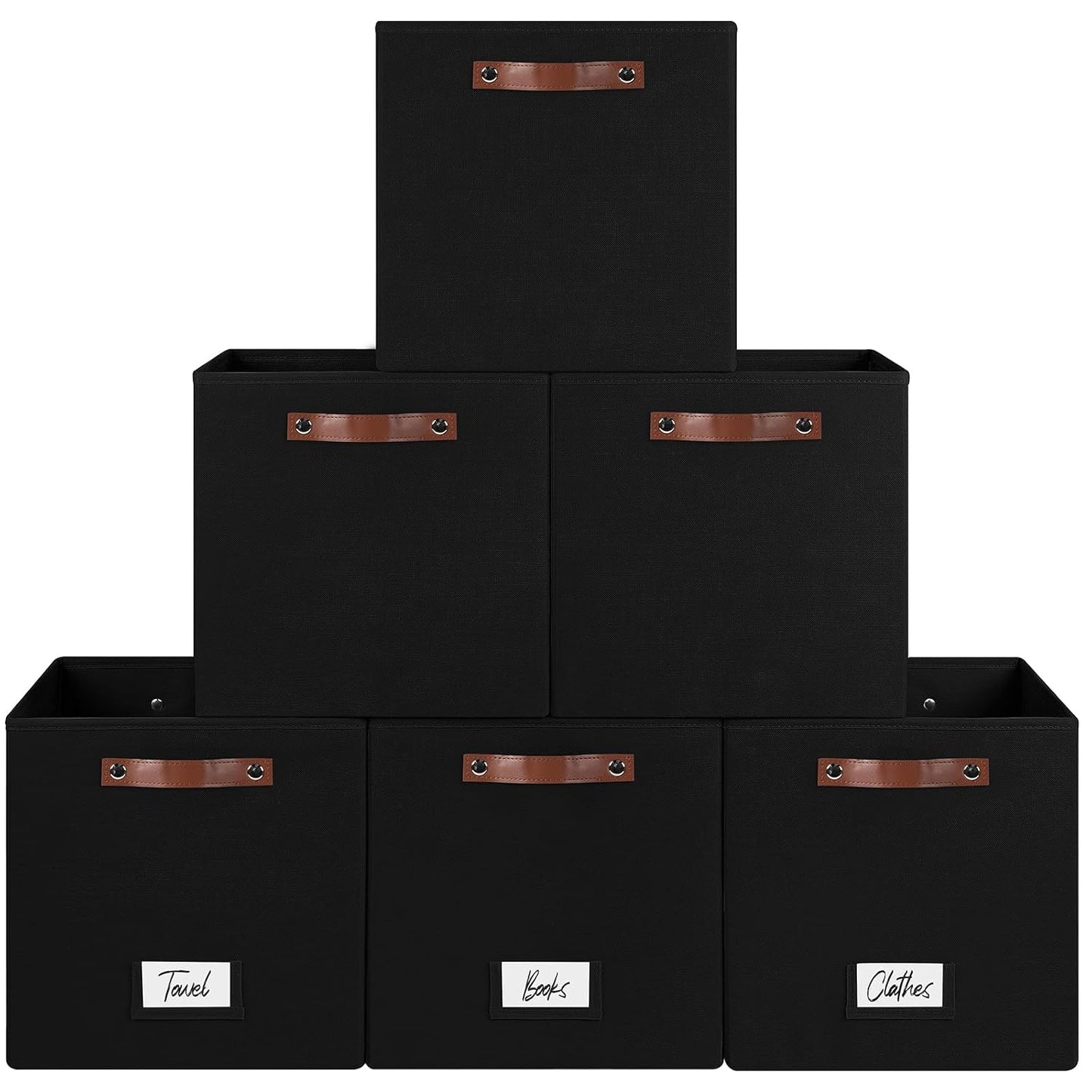 FinishingBo 13 inch Storage Bins with Labels 6 Pack | PU Leather Handles, Foldable Storage Cubes, Storage Baskets, Closet Storage, Black