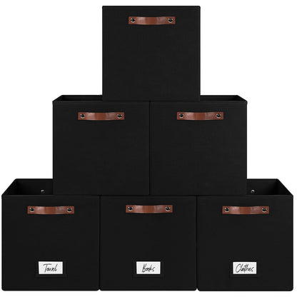 FinishingBo 13 inch Storage Bins with Labels 6 Pack | PU Leather Handles, Foldable Storage Cubes, Storage Baskets, Closet Storage, Black