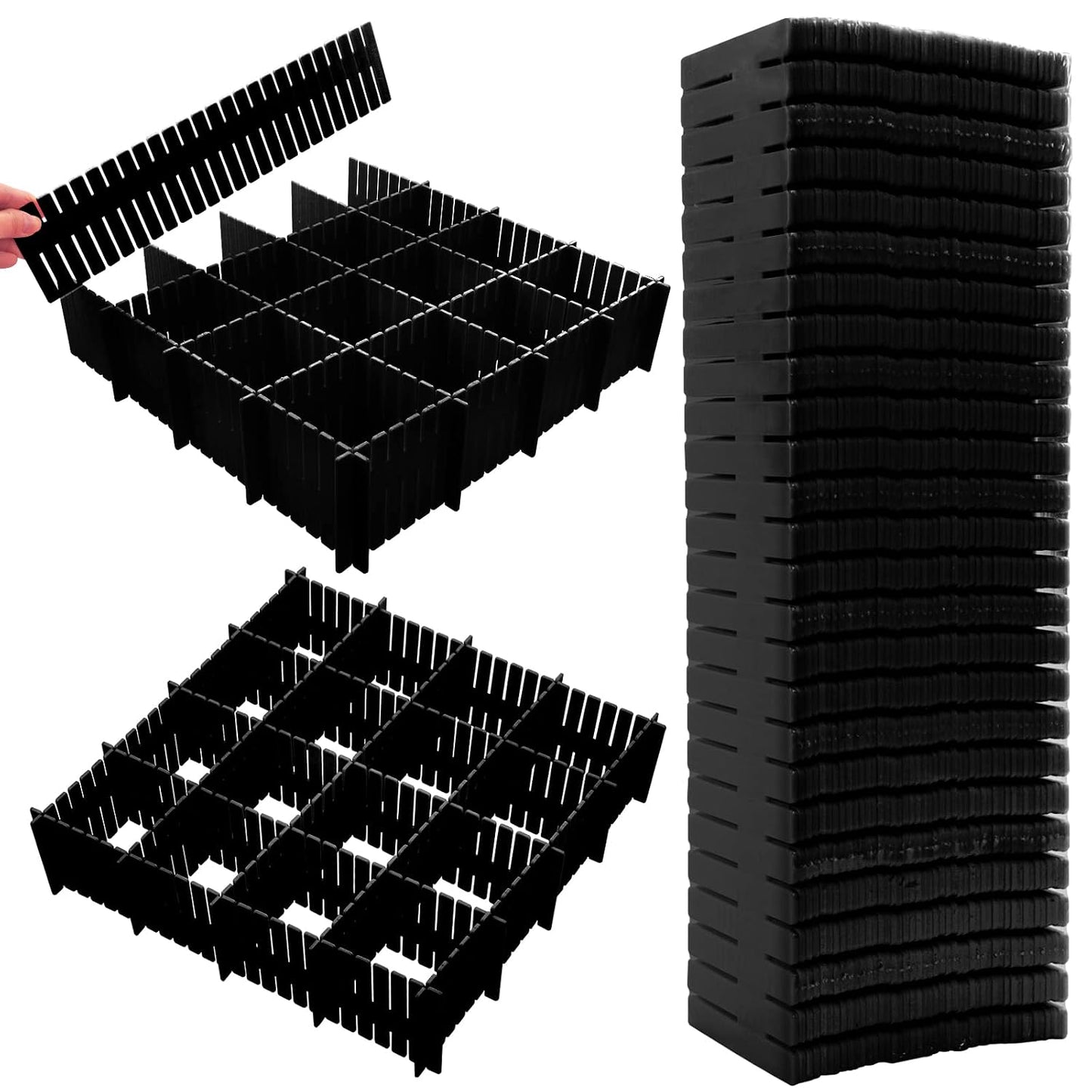 45 Pack Drawer Dividers, Plastic Adjustable Drawer Storage Organizer for Tidying Clutter Socks, Underwear, Makeup, Kitchen, Dresser Black