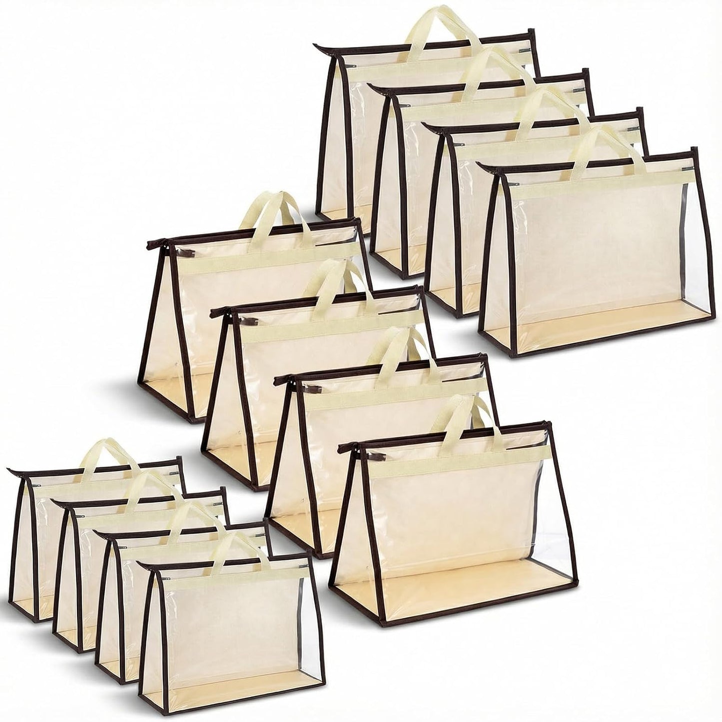 MAQUITA 12 Pack Clear Handbag Storage Organizer, Anti-dust Purse Storage Bags with Zipper and Handle Moisture Proof Dust Cover Organizer Bags for Closet Hanging, 3 Assorted Sizes