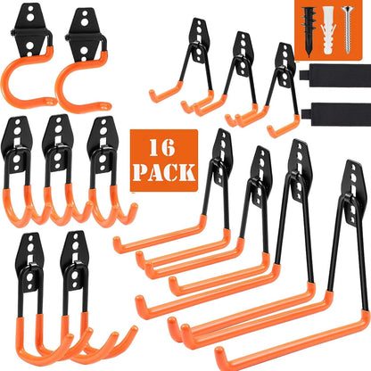 Steel Garage Storage Hooks, 16 Pack Anti-Slip Coating, Heavy Duty Wall Mount Hooks for Hanging Bike, Ladder, Garden Tools