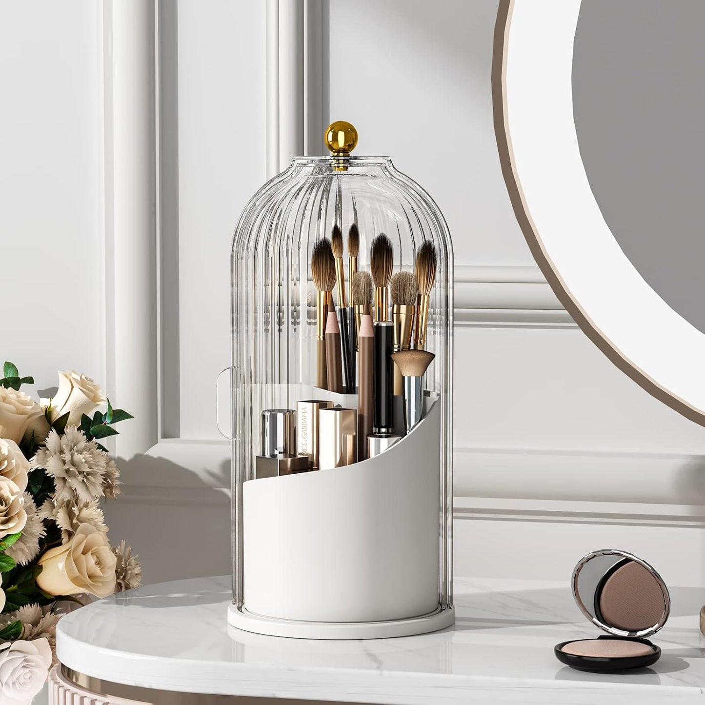 YOOLENS Makeup Brush Holder with Lid 360 Rotating Clear Dustproof Make Up Organizers for Vanity Bathroom Countertop, Transparent | with Lid