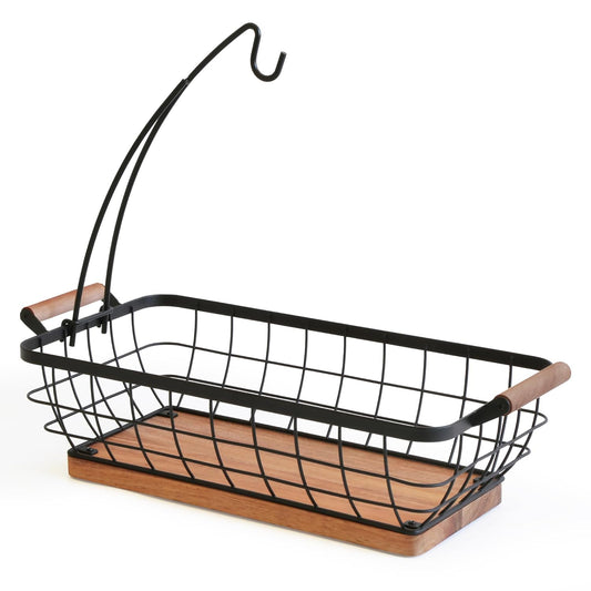 Rectangular Fruit Basket with Banana Hanger,Metal Wire Fruits Bowl with Wooden Base,Kitchen Table Organizer,Black Fruit Bowl for Kitchen Counter,Vegetable Bowls for Fruits, Veggies, Snacks.