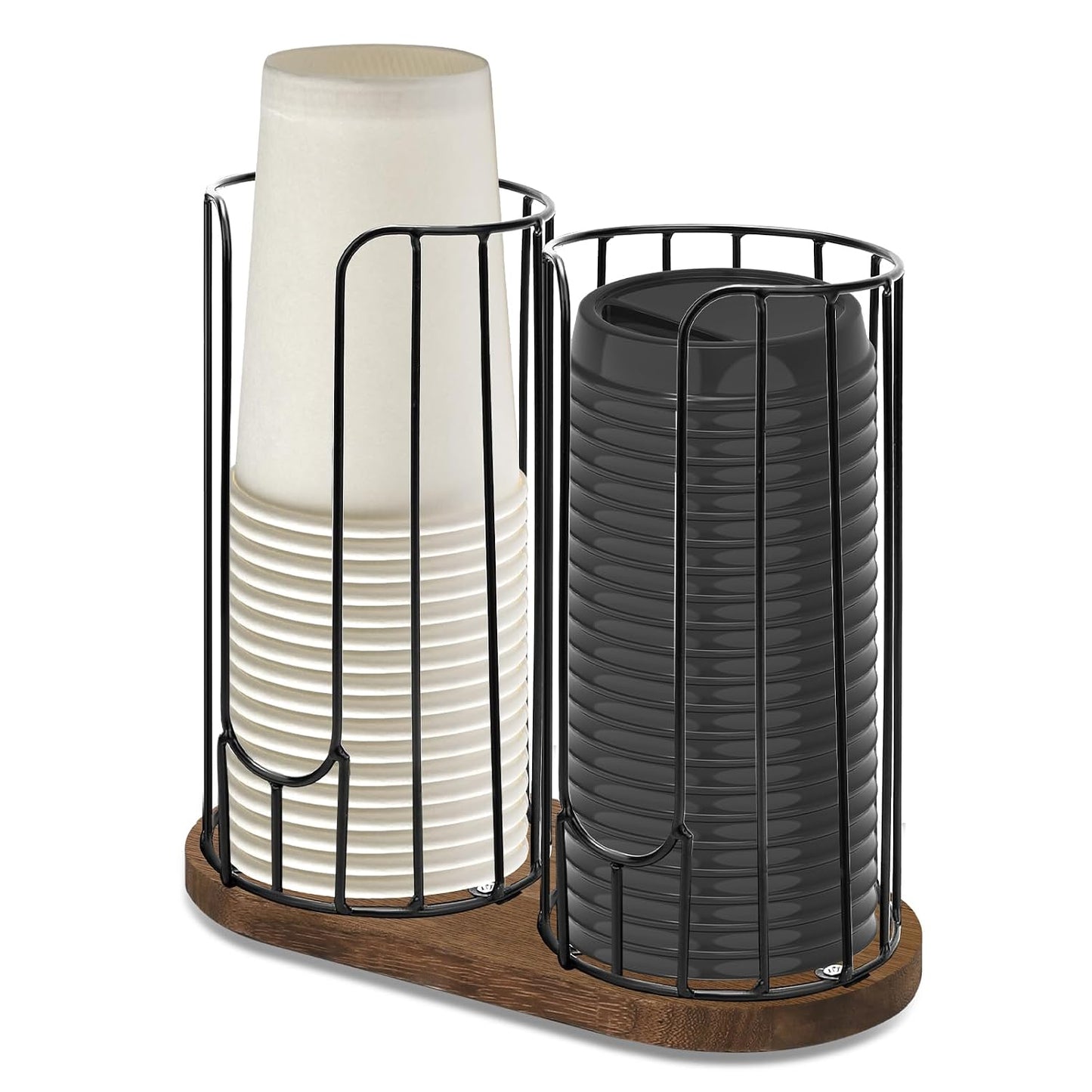 2-Compartment 18oz Coffee Cup Dispenser Rack with Wood Base, Disposable Cup, and Lid Organizer for Countertop - Perfect for Paper Cups, and Lid Organizer