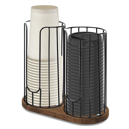 2-Compartment 18oz Coffee Cup Dispenser Rack with Wood Base, Disposable Cup, and Lid Organizer for Countertop - Perfect for Paper Cups, and Lid Organizer
