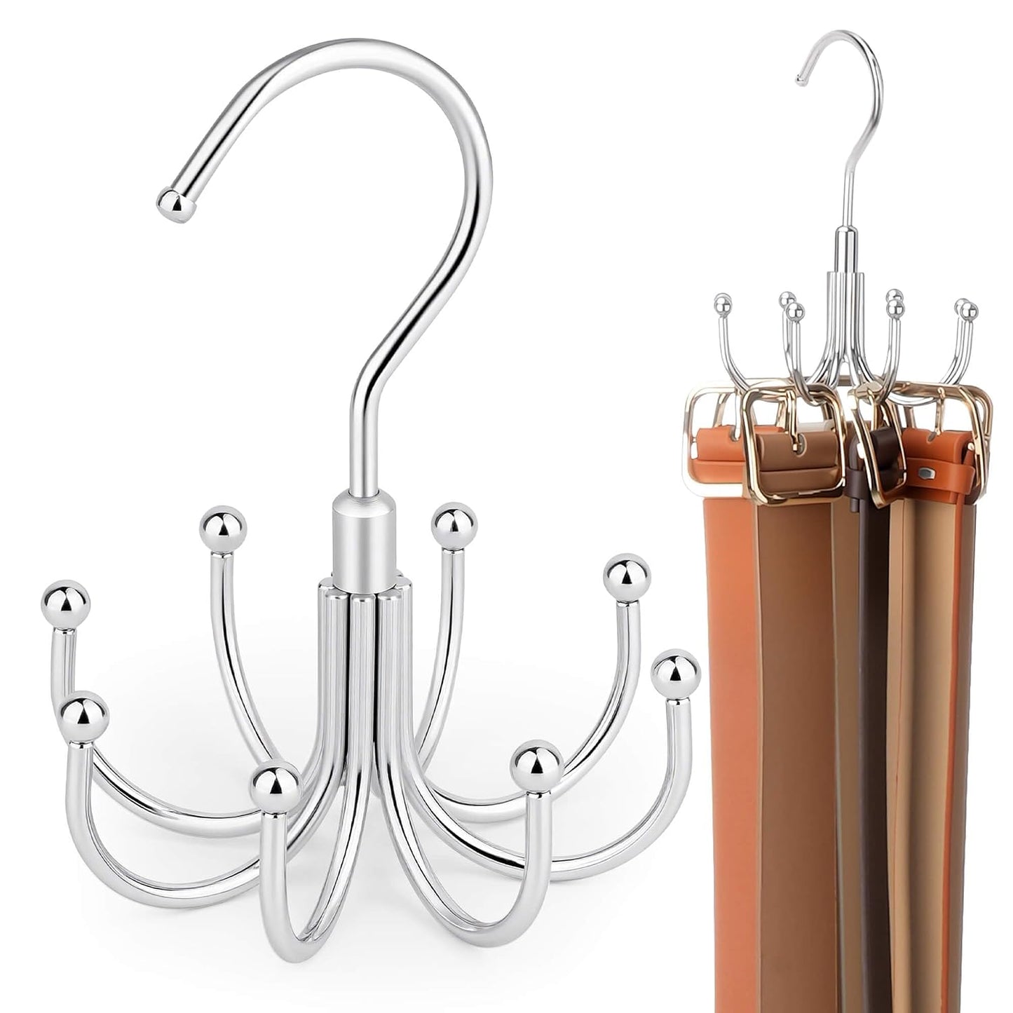 2 Pack Belt Hangers for Closet, Rotating Belt Organizer, 16 Hooks | Heavy-Duty Metal Belt Rack with 16 Hooks Hanging Belt Holder for Closet Organizers and Storage, Space Saving, No Installation