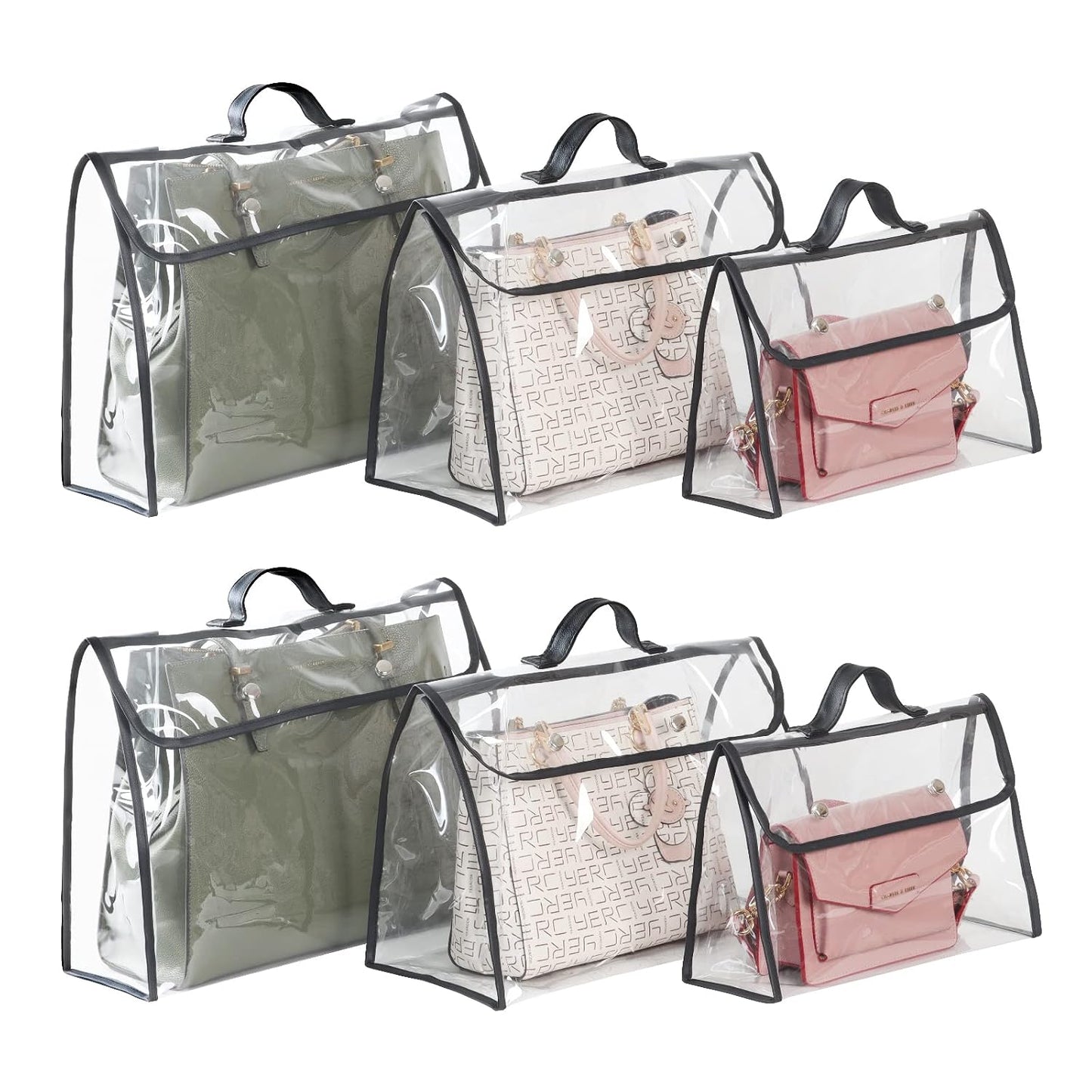 Univivi 6 Pack Handbag Dust Bags, Clear PVC With Black Edge, 3 Sizes | 0.3mm Clear PVC Material, Magnetic Button, Leather Handle, Clear Purse, Purse Organizer, for Handbag Closet Storage