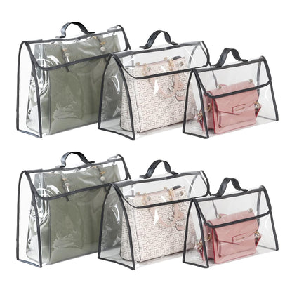 Univivi 6 Pack Handbag Dust Bags, Clear PVC With Black Edge, 3 Sizes | 0.3mm Clear PVC Material, Magnetic Button, Leather Handle, Clear Purse, Purse Organizer, for Handbag Closet Storage