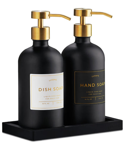 Glass Soap Dispenser Set of 2 (Black) with Silicone Tray | Hand and Dish Soap Dispenser for Kitchen and Bathroom | 16.8 Oz Glass Bottles with Stainless Steel Pump & 15 Waterproof Labels (Black/Gold)