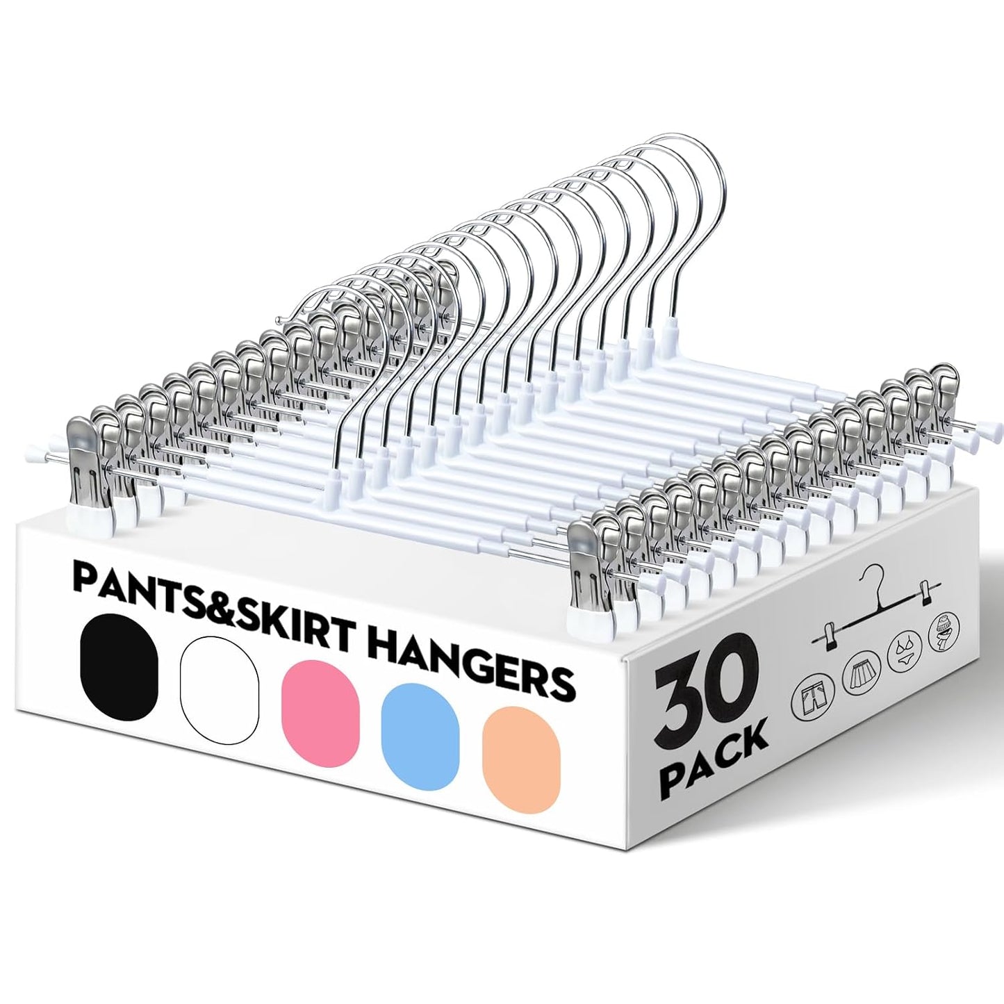 HUADYMEET 12 Inch Heavy Duty Pants Skirt Hangers with Clips,White,30 Pack | Metal,Space Saving,Adjustable,Hanger for Jeans Shorts Clothes Slacks Trousers,For Adult Men Women Children, Non Slip