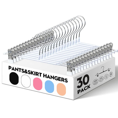 HUADYMEET 12 Inch Heavy Duty Pants Skirt Hangers with Clips,White,30 Pack | Metal,Space Saving,Adjustable,Hanger for Jeans Shorts Clothes Slacks Trousers,For Adult Men Women Children, Non Slip