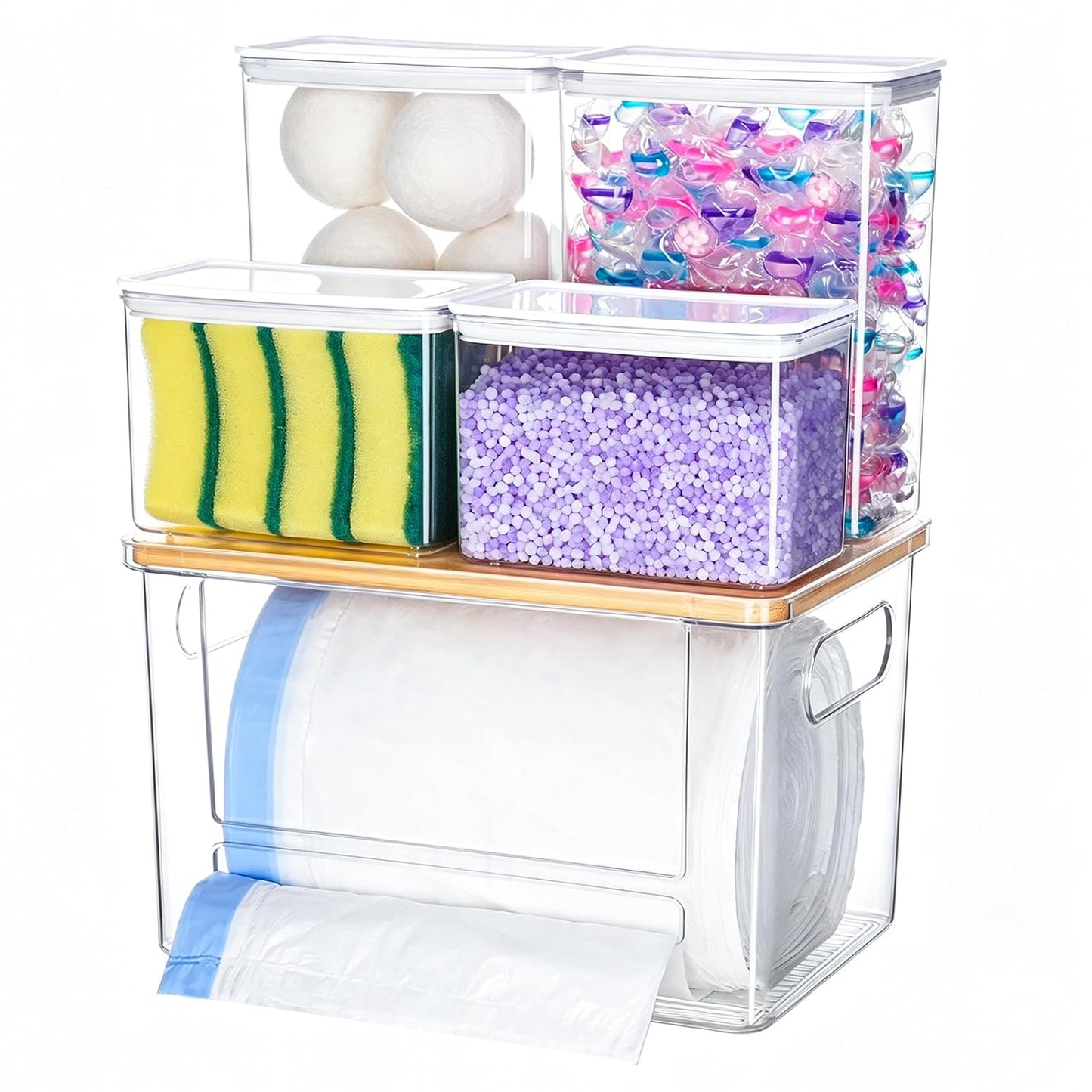 iCASA 5 in 1 Trash Bag Holder Dispenser Dishwasher & Laundry Pods Container | Large Stackable Under Sink Organizer Garbage Bag Dispenser for 13/30/33 Gallon Bags, Kitchen Pantry Clear Storage Bins