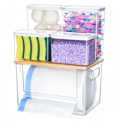 iCASA 5 in 1 Trash Bag Holder Dispenser Dishwasher & Laundry Pods Container | Large Stackable Under Sink Organizer Garbage Bag Dispenser for 13/30/33 Gallon Bags, Kitchen Pantry Clear Storage Bins