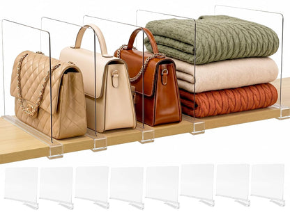 Shelf Dividers Purse Organizer for Closet: Acrylic Clear 8 Pack | Bag Storage Organizer for Handbags, Clutches, Clothes, Sweater, Towel on Wood Shelves