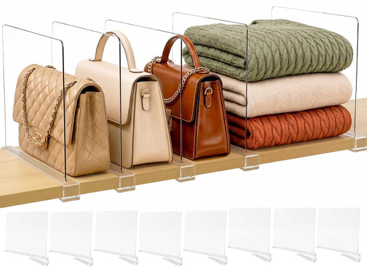 Shelf Dividers Purse Organizer for Closet: Acrylic Clear 8 Pack | Bag Storage Organizer for Handbags, Clutches, Clothes, Sweater, Towel on Wood Shelves