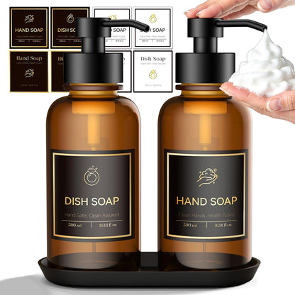16.9 Oz Glass Foaming Soap Dispenser 2 Pack (Amber) | Refillable Hand & Dish Soap Pump, With Silicone Tray & 8 Waterproof Labels, For Bathroom & Kitchen，Perfect Housewarming Gift