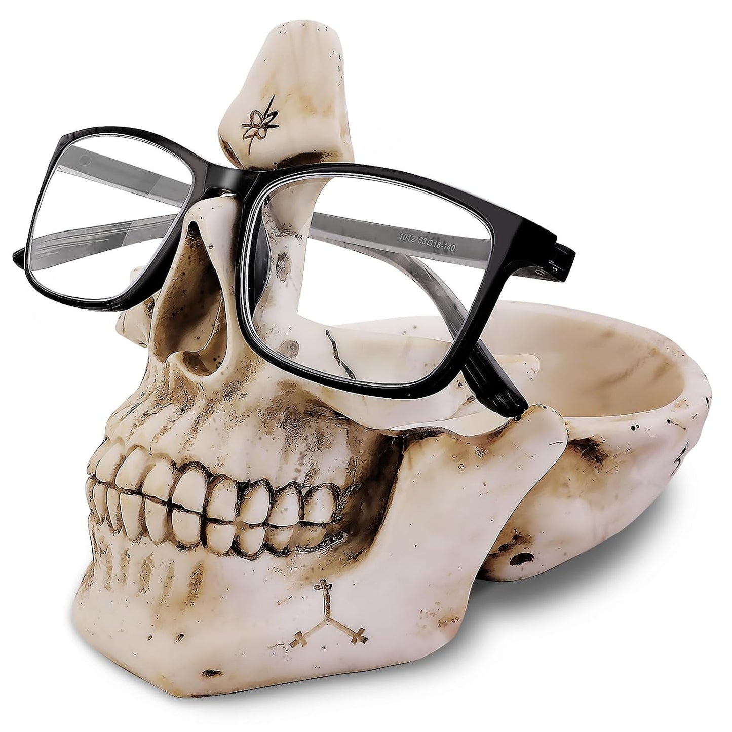 Skull Glasses Holder Stand with Storage Tray , Novelty Eyeglass Holder Rack for Nightstand, Resin Skull Head Sculpture Statue Home Office Desk Decor Gift (White)