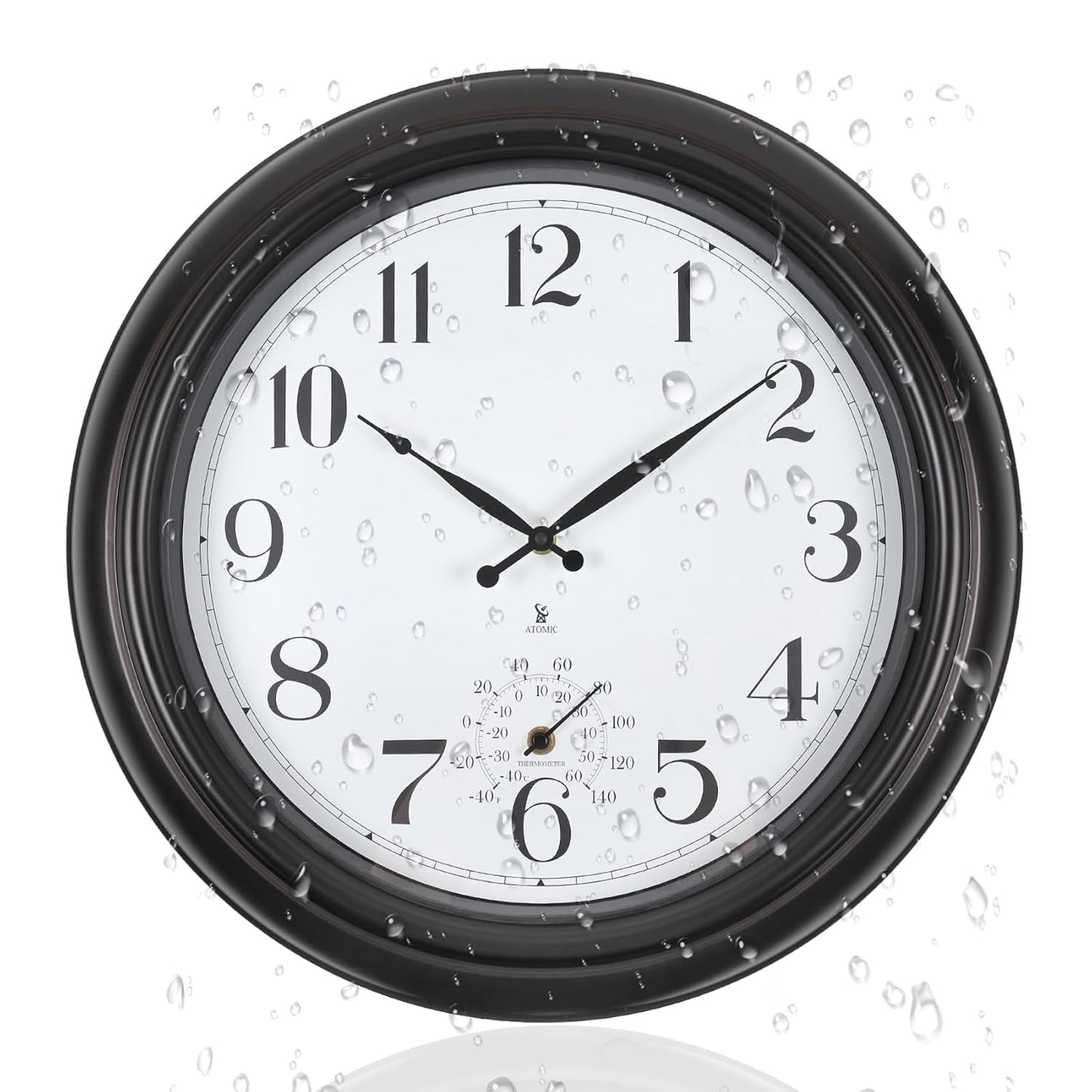 Atomic Outdoor Wall Clock Sealed Waterproof Clock with Temperature | Auto-Set Time, Easy to Read - Large Patio, Pool 18 Inch Clock for Outside, Backyard, Garde