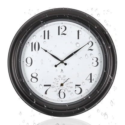 Atomic Outdoor Wall Clock Sealed Waterproof Clock with Temperature | Auto-Set Time, Easy to Read - Large Patio, Pool 18 Inch Clock for Outside, Backyard, Garde