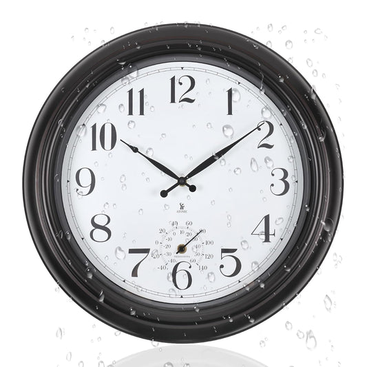 Atomic Outdoor Wall Clock Sealed Waterproof Clock with Temperature | Auto-Set Time, Easy to Read - Large Patio, Pool 18 Inch Clock for Outside, Backyard, Garde