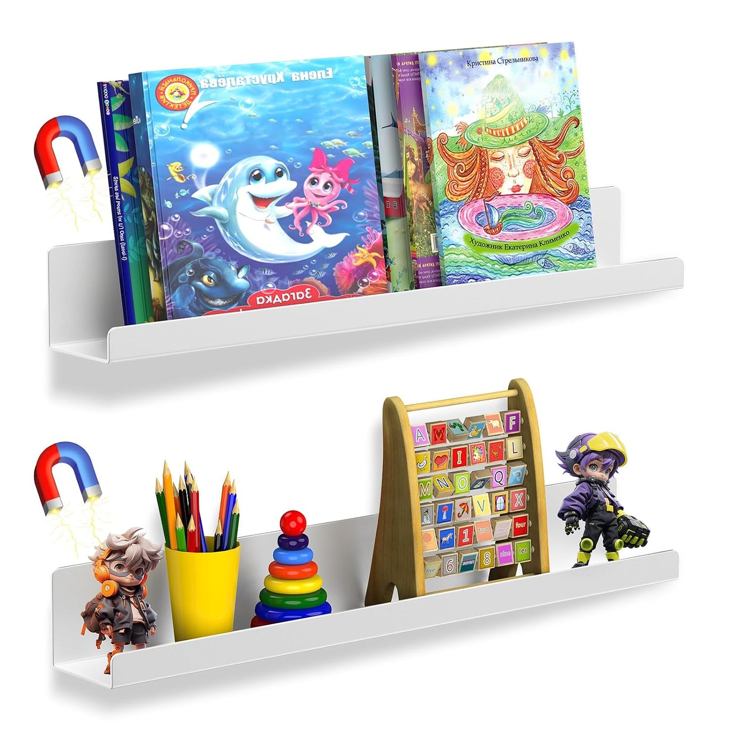 2 Pack Magnetic Book Shelf for Whiteboard, 17 Inch Heavy Duty Metal Magnetic Shelves, Holds 12 lbs, Magnetic Book Display for Classroom Furniture, Office - White
