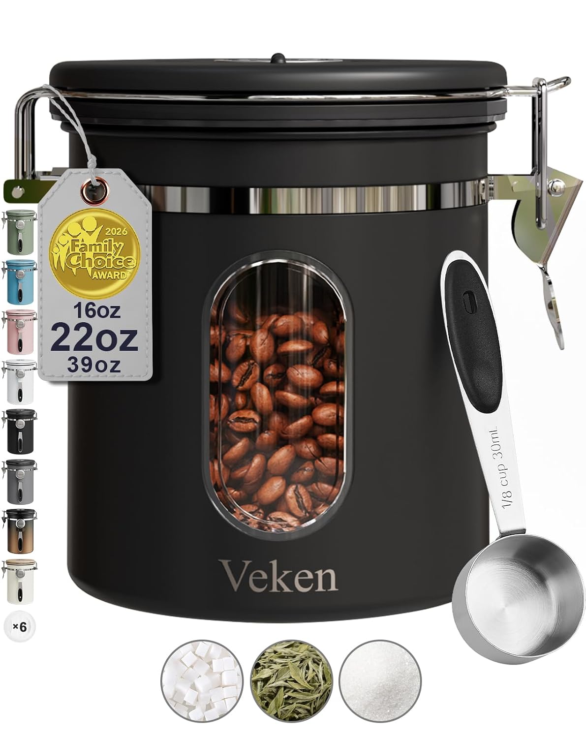 Veken Coffee Canister with Window, Airtight Stainless Steel Container, 16OZ