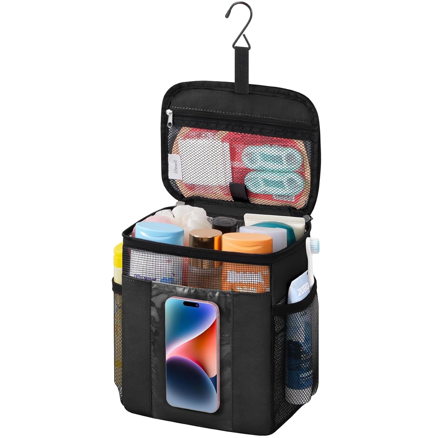 Lifewit Mesh Shower Caddy Bag Portable, Quick Dry Hanging Bathroom Organizer with PVC Phone Bag, College Dorm Room Essentials for Travel, Gym, Camping, Toiletry Tote for Women Men, Medium, Black