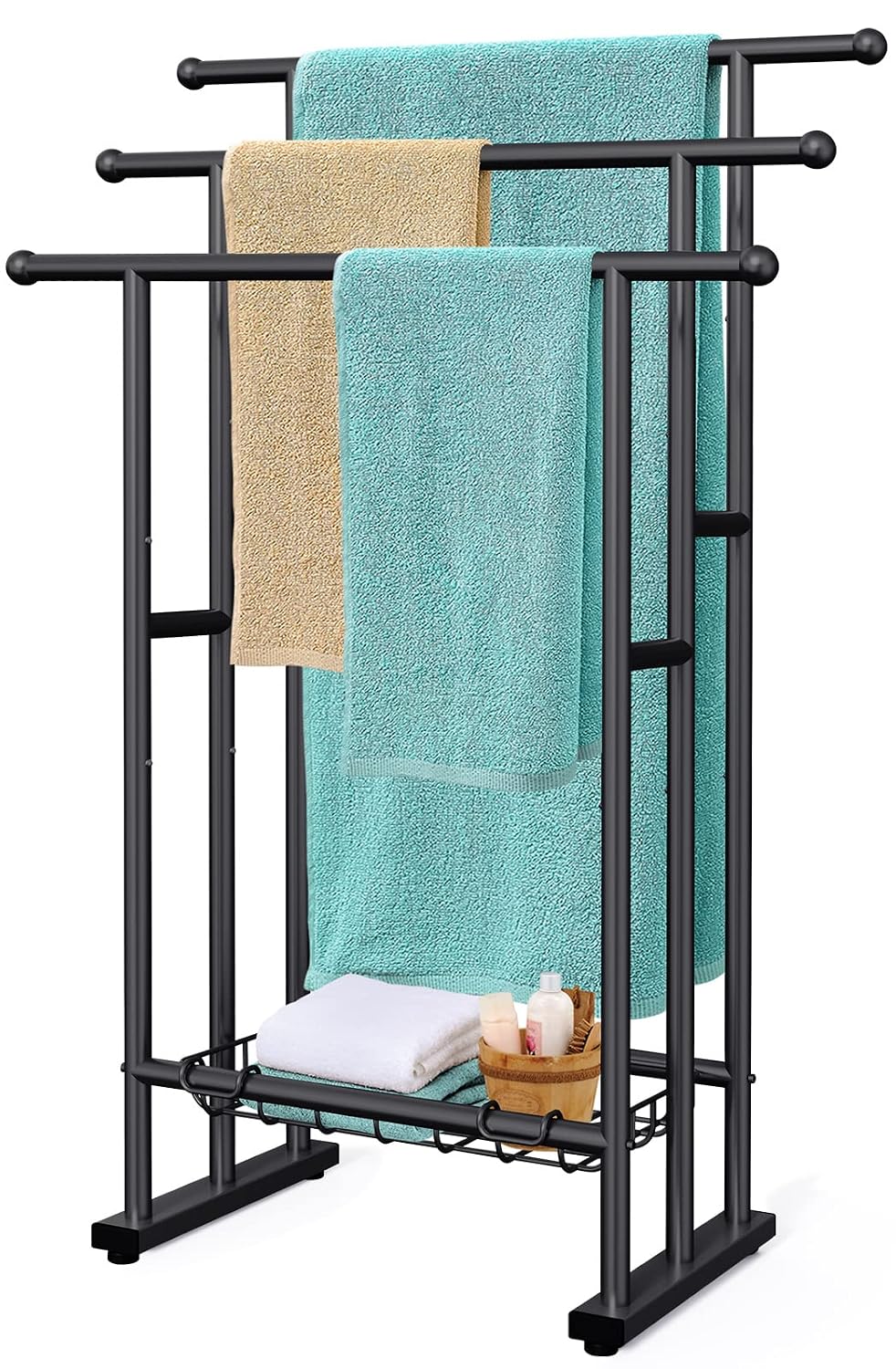 Kayfia 40'' Freestanding 3 Tier Alloy Steel Towel Rack with Storage Basket | Dual-Use Drying & Display Rack, Holds Oversized Bath Towels & Blankets, Fits Bathroom, Tub, Shower, Poolside, Black