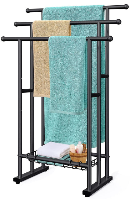 Kayfia 40'' Freestanding 3 Tier Alloy Steel Towel Rack with Storage Basket | Dual-Use Drying & Display Rack, Holds Oversized Bath Towels & Blankets, Fits Bathroom, Tub, Shower, Poolside, Black