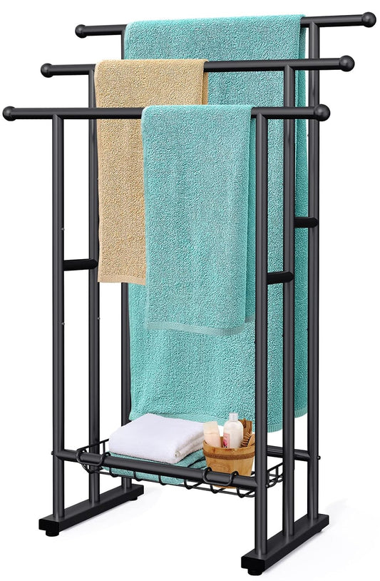 Kayfia 40'' Freestanding 3 Tier Alloy Steel Towel Rack with Storage Basket | Dual-Use Drying & Display Rack, Holds Oversized Bath Towels & Blankets, Fits Bathroom, Tub, Shower, Poolside, Black
