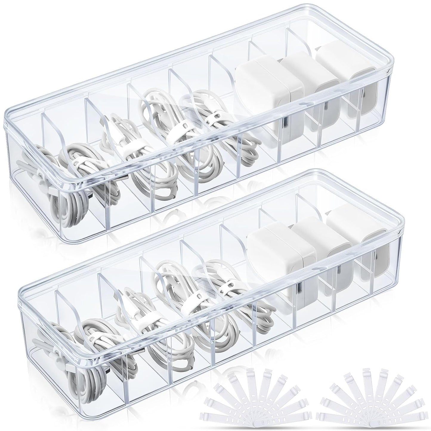 Tatuo 2 Pcs Cord Organizer for Drawer Desktop, Cable Organizer Box with 8 Compartments and Wire Ties, Plastic Charger Storage with Lid, Electronics Case for Home Office Accessories (Small,Clear)