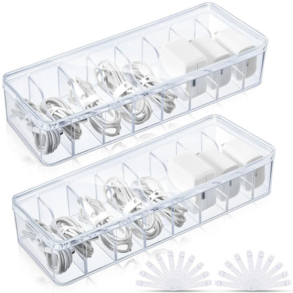 Tatuo 2 Pcs Cord Organizer for Drawer Desktop, Cable Organizer Box with 8 Compartments and Wire Ties, Plastic Charger Storage with Lid, Electronics Case for Home Office Accessories (Small,Clear)