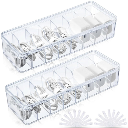 Tatuo 2 Pcs Cord Organizer for Drawer Desktop, Cable Organizer Box with 8 Compartments and Wire Ties, Plastic Charger Storage with Lid, Electronics Case for Home Office Accessories (Small,Clear)