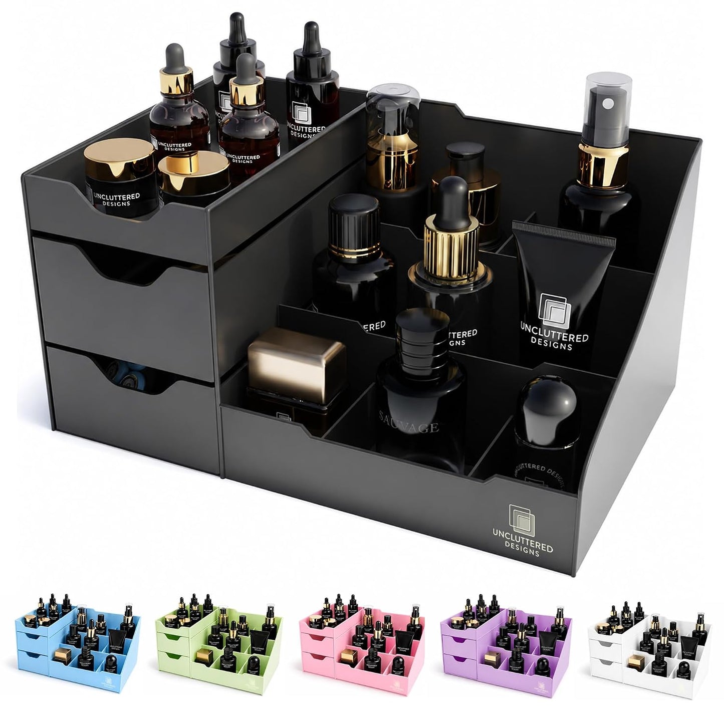 Large Black Vanity Organizer - Countertop Mens Organizer With Drawers for Cologne, Deodorant, Beard, Shaving Lotion, Perfume & Skincare - Perfect for Bathroom & Bedroom Storage
