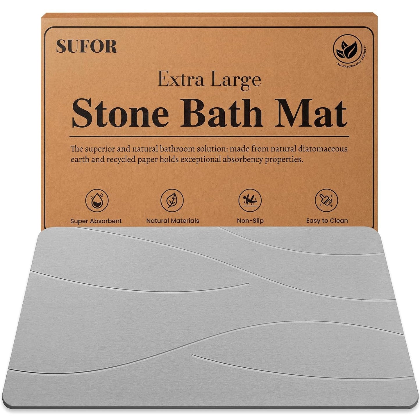 32"x20" Stone Bath Mat, Diatomaceous Earth Shower Mat, Non-Slip Super Absorbent Quick Drying Bathroom Floor Mat, Natural, Easy to Clean (Cloudy Gray)