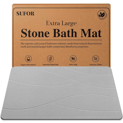 32"x20" Stone Bath Mat, Diatomaceous Earth Shower Mat, Non-Slip Super Absorbent Quick Drying Bathroom Floor Mat, Natural, Easy to Clean (Cloudy Gray)