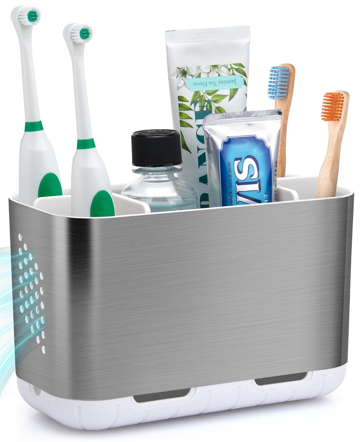 Electric Kids Toothbrush Holders for Bathrooms (Brushed Nickel Silver) | 5 Slots Toothbrush Organizer with Adjustable Dividers and Drainage, for Bathroom Countertop Organizer