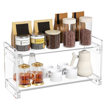 YUNEASELF Coffee Station Organizer Countertup: Coffee Bar Accessories - 2 Tier Kitchen Acrylic Storage Shelf for Placing Mugs Beans Syrup Cups Stirrers
