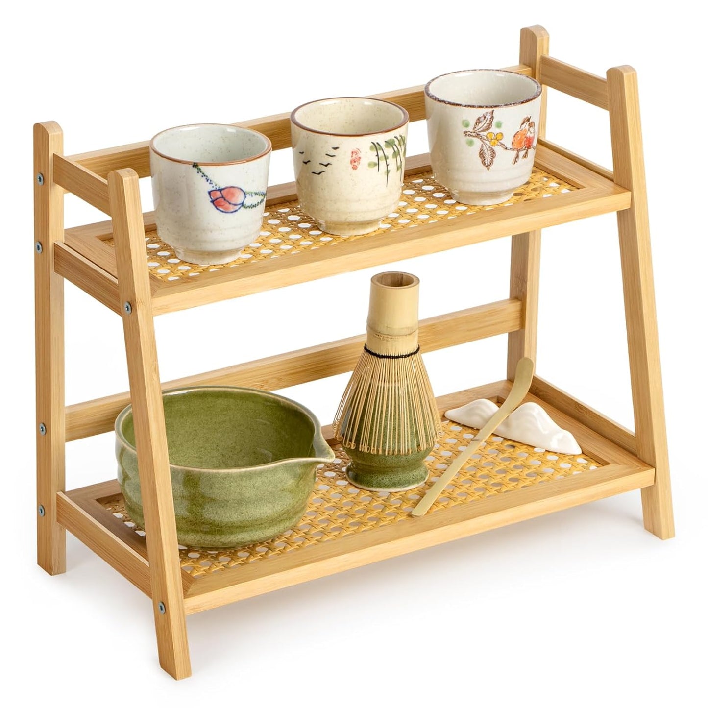 ANBOXIT Matcha Station Organizer, Countertop Bamboo Coffee & Tea Station | Rattan-Look 2 Tier Mug Holder Display Stand for Kitchen Condiment, Coffee Accessories, Home, Office