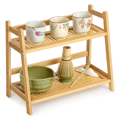 ANBOXIT Matcha Station Organizer, Countertop Bamboo Coffee & Tea Station | Rattan-Look 2 Tier Mug Holder Display Stand for Kitchen Condiment, Coffee Accessories, Home, Office