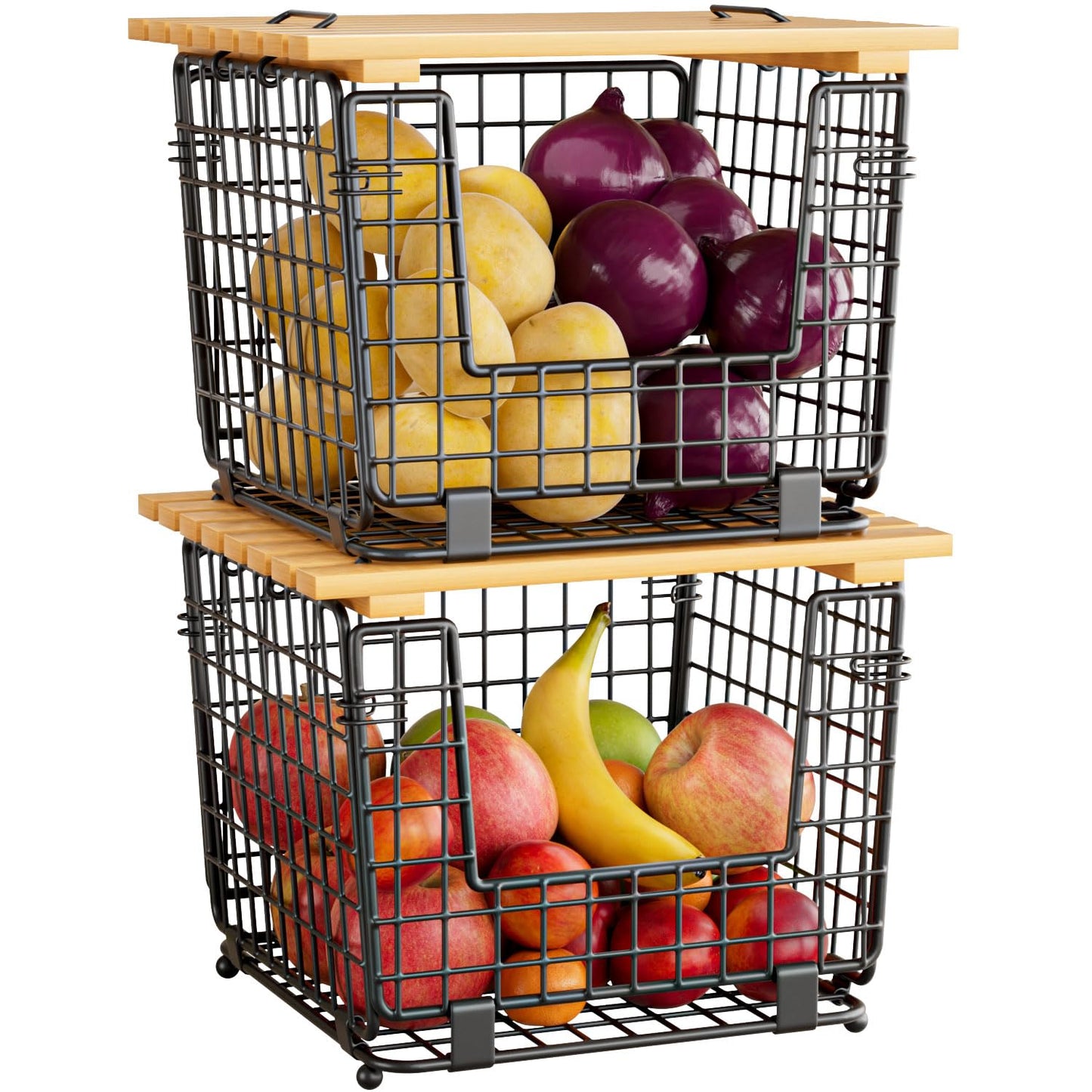 2 Pack Stackable Potato Onion Bins, Pantry Organizers and Storage | Wire Basket with Breathable Design for Garlic Fruits Vegetables Storage, Kitchen Counter Organizer